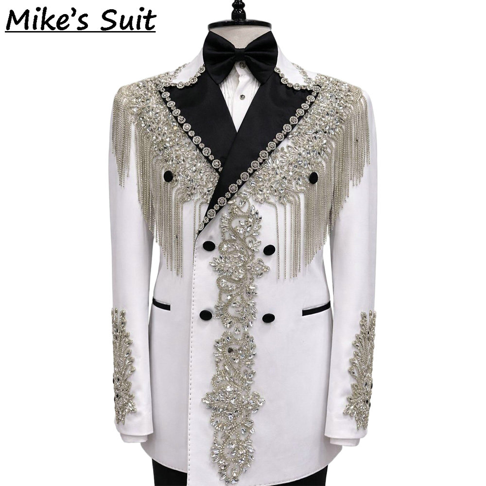 Men'S Formal Dinner Wear - ชุดสูทผู้ชาย 2 ชิ้น ประดับเพชรหรูหราสีขาว พร้อมพู่ห้อยเก๋ไก๋ สำหรับงานธุรกิจ