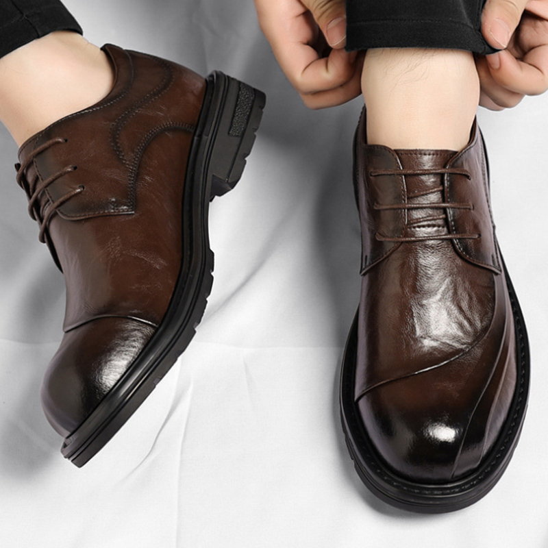 Men'S Formal Wear For Office - รองเท้าหนังแท้สีน้ำตาลขัดเงา แบบผูกเชือก พื้นหนา สำหรับงานทางการ ธุรกิจ สำนักงาน
