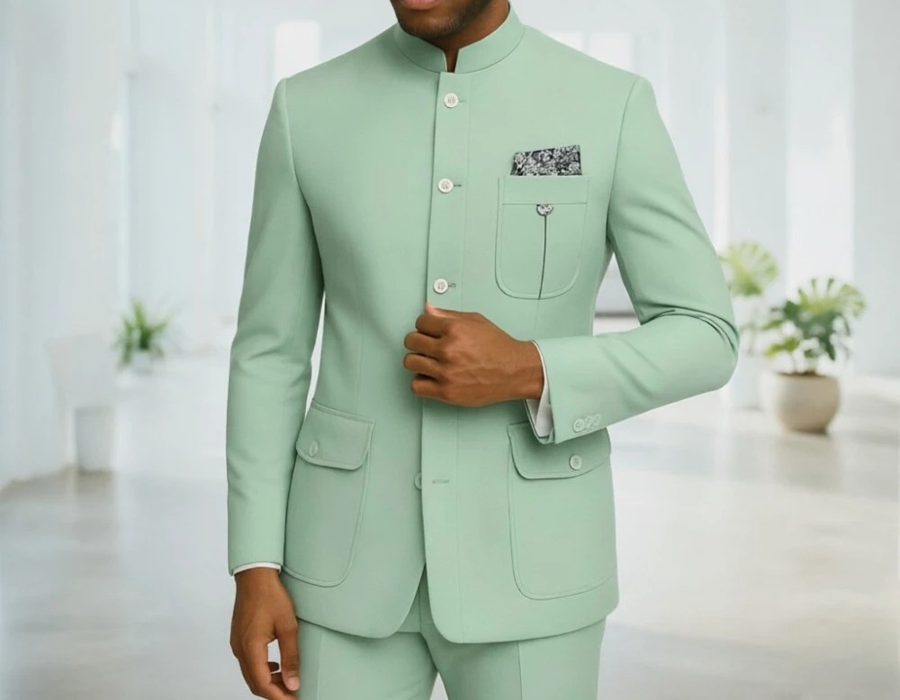Men'S Formal Wear For Office - ชุดสูทซาฟารีผู้ชาย สีเขียวอ่อน ปกแมนดาริน ชุดสูทซาฟารีแบบสั่งตัด แจ็คเก็ตเบลเซอร์สำหรับธุรกิจลำลอง ชุดทำงาน