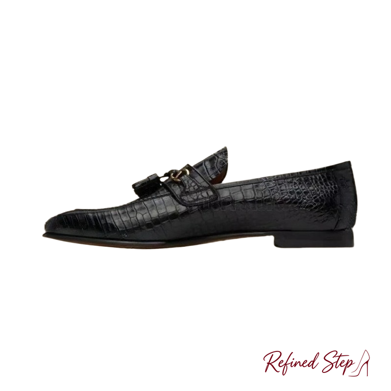 Men Formal Wear Shoes - รองเท้าหนังลายหนังจระเข้สีดำตกแต่งพู่ห้อย รองเท้าสวมแบบลำลองสำหรับผู้ชาย รองเท้าหรูหราทำมือสำหรับงานปาร์ตี้ งานเลี้ยง และงานออฟฟิศ