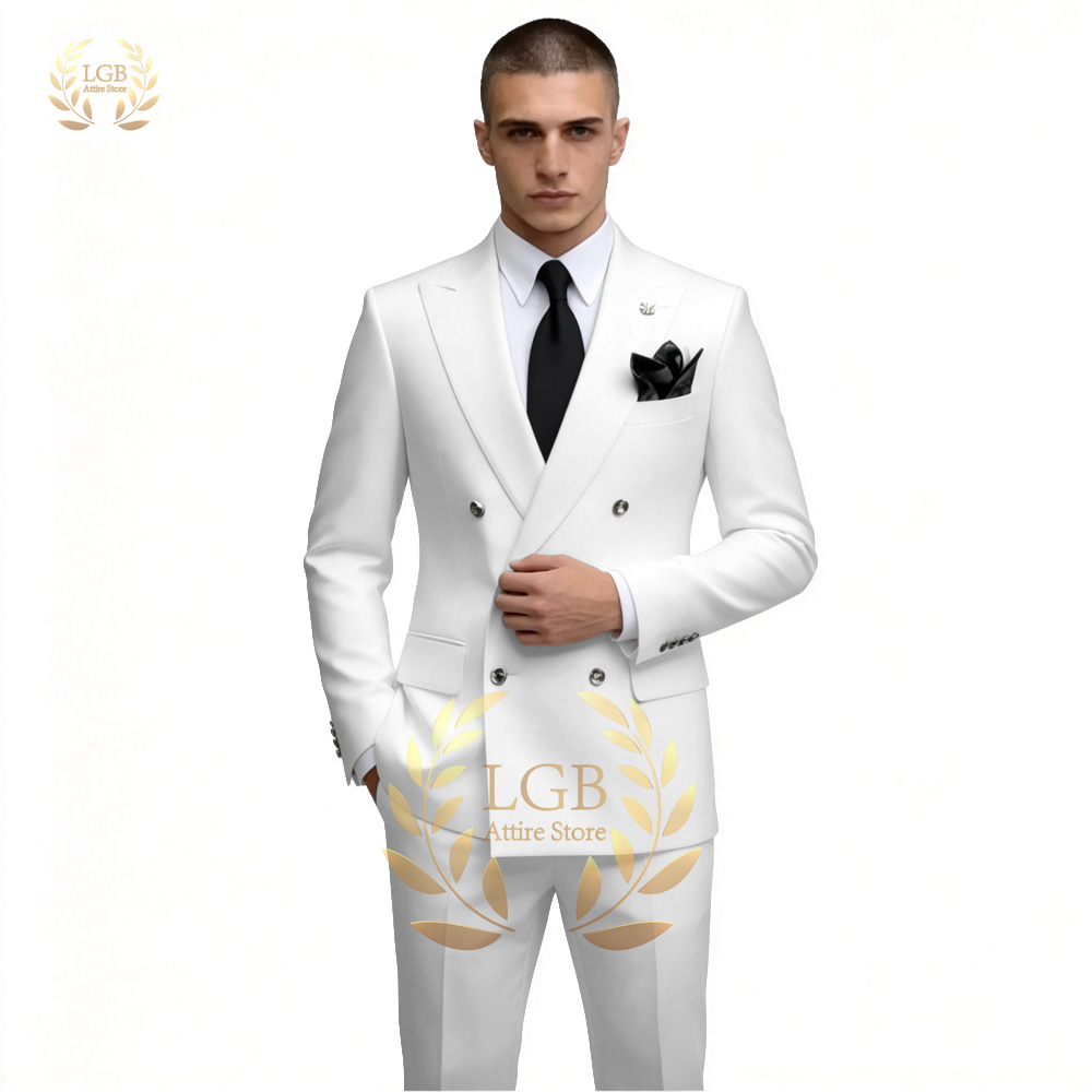 Men'S Formal Dinner Wear - ชุดสูทผู้ชายสีขาวแบบกระดุมสองแถว 2 ชิ้น ทรงเข้ารูป เสื้อเบลเซอร์และกางเกงขายาว สำหรับงานแต่งงาน
