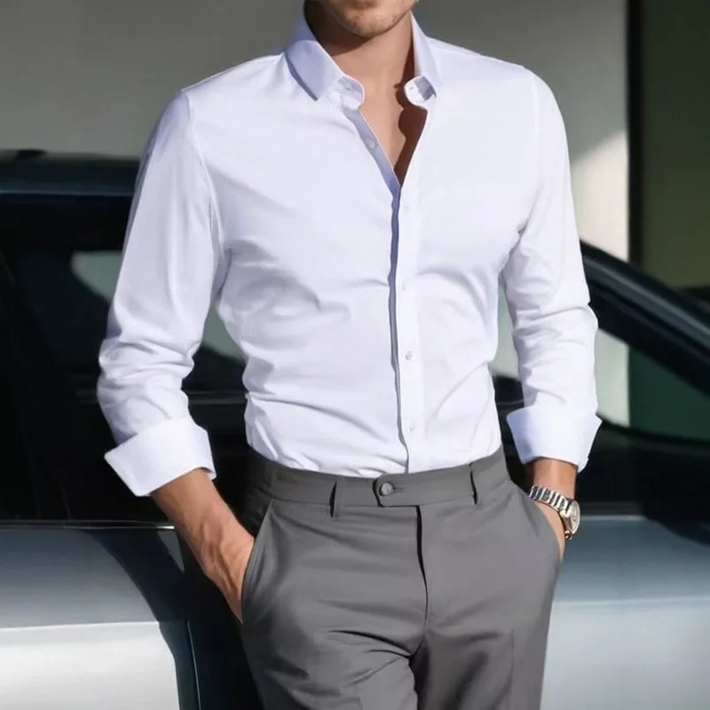 Men Formal Office Wear Shirts - เสื้อเชิ้ตผู้ชายสีขาวล้วนแบบใหม่ แขนยาว น้ำหนักเบา ทรงเข้ารูป ไซส์ใหญ่ สำหรับใส่ทำงาน