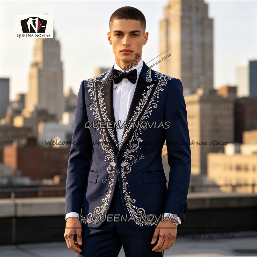 Men'S Formal Dinner Wear - ชุดทักซิโด้ผู้ชายทรงเข้ารูป ประดับคริสตัลและลูกปัด เสื้อแจ็คเก็ตและกางเกง 2 ชิ้น ชุดสำหรับเจ้าบ่าว